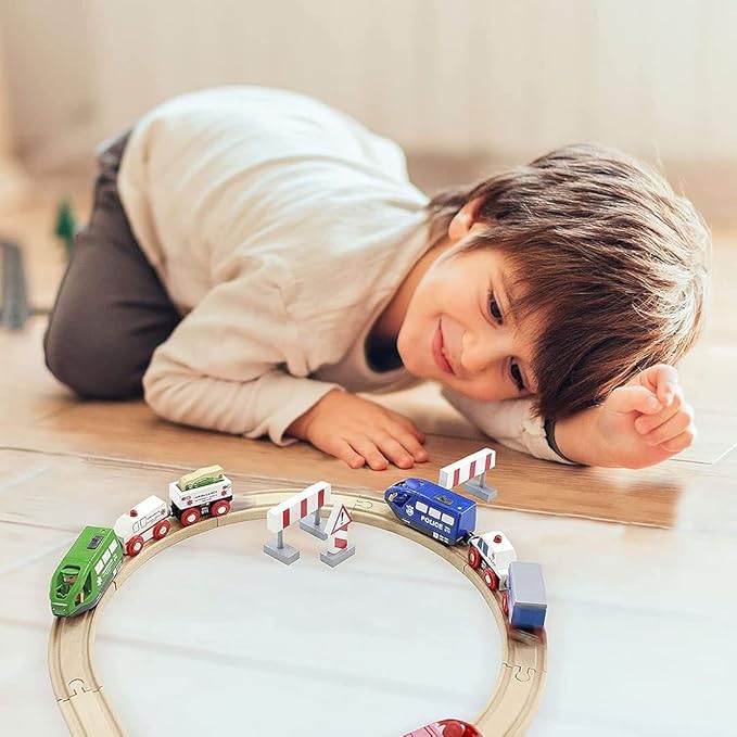Wooden Train Set for Toddlers Battery Operated Action Rescue Trains with 3 Magnetic Motorized Engines and 6 Cars, Compatible with Thomas, Brio, Melissa and Doug
