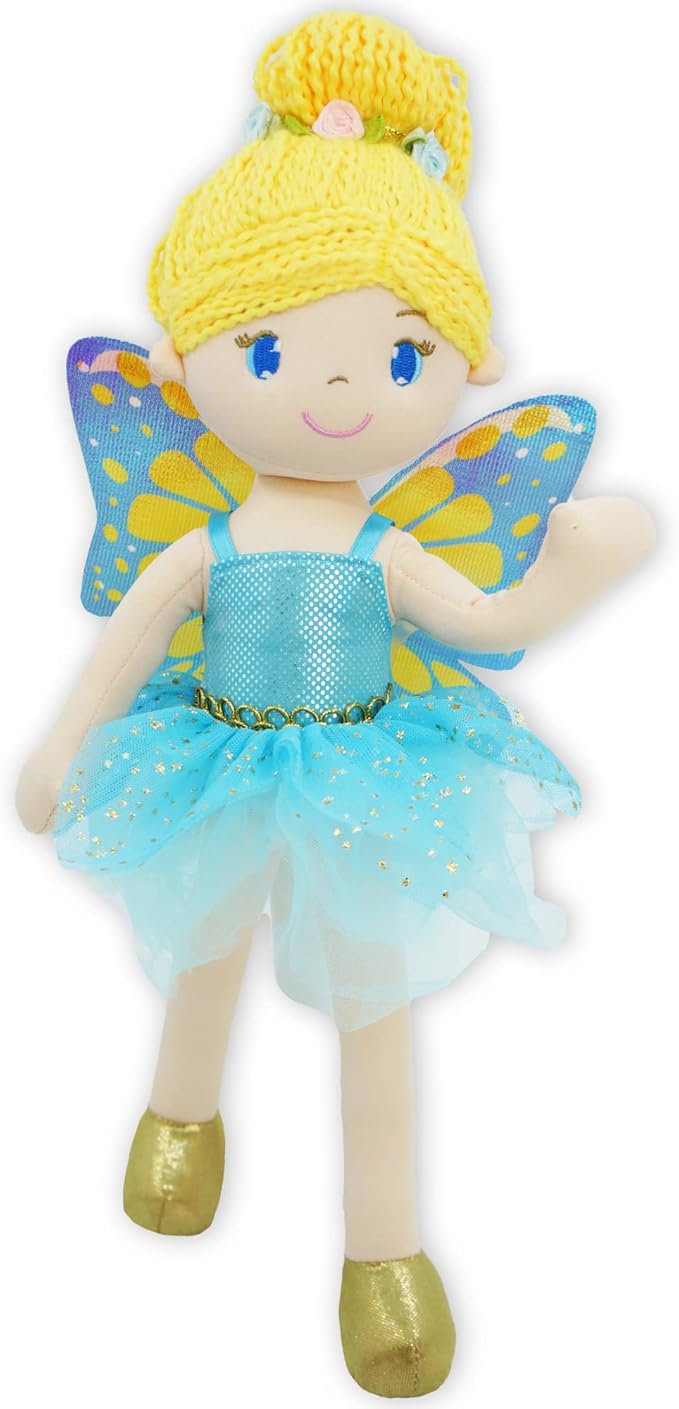 June Garden 16" Enchanted Garden Fairy Doll Fayetta - Plush Stuffed Soft Doll Girl Gift - Blue Outfit and Wings