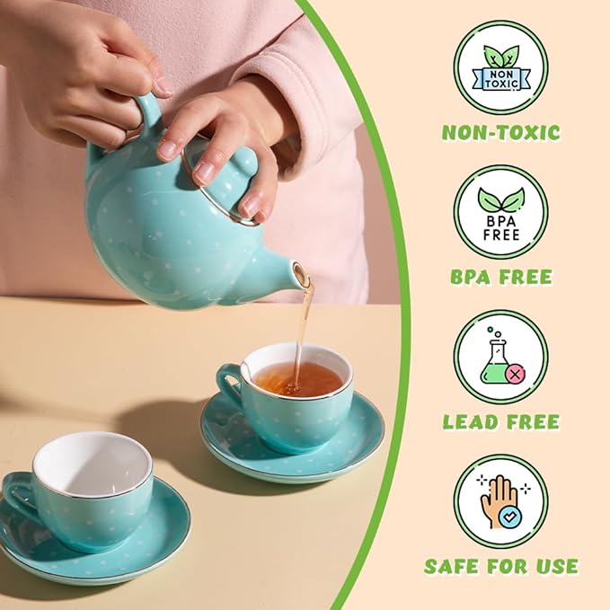 Sweejar Porcelain Tea Set for Little Girls,Kitchen Toys Tea Party Set for Kids Toddler Kitchen Pretend Toy Include Children Teapot, Cup & Saucer Sugar Bowl and Cream Pitcher(Turquoise Polka Dot)