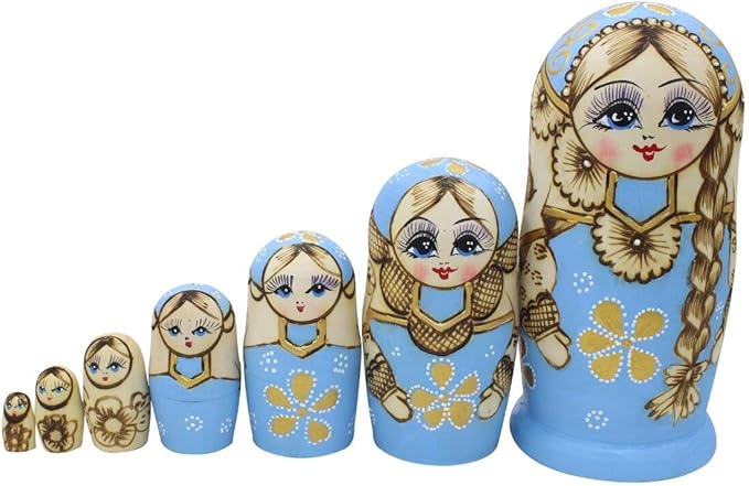 Winterworm® Cute Little Girl with Big Braid Handmade Matryoshka Wishing Dolls Russian Nesting Dolls Set 7 Pieces Wooden Kids Gifts Toy Home Decoration Sky Blue