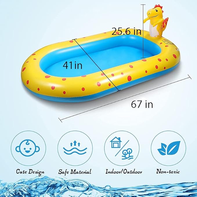 Inflatable Sprinkler Pool for Kid Family, Cute Dinosaur Sprinkler Swimming Pool, 3 in 1 Splash Play Wading Kiddie Pool for Summer Outdoor Water Play, Backyard, Garden Water Fun Toy, 67"x 41"