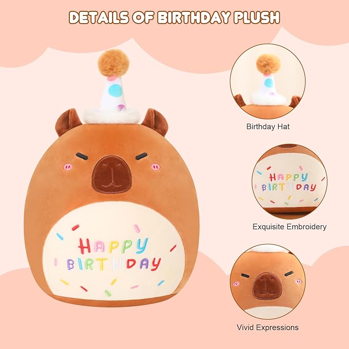 SQEQE Capybara Stuffed Animal Toy Happy Birthday Capybara Plush Cute Birthday Plushies Doll Home Decor for Kids Girls Boys 10 Inch