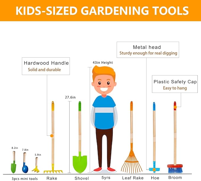 8PCS Kids Gardening Tools, Kids Rake and Shovel Set, Toddler Outdoor Yard Tools, Garden Toys Gifts for Boys Girls Age 3 4 5 6 7 8 Years Old