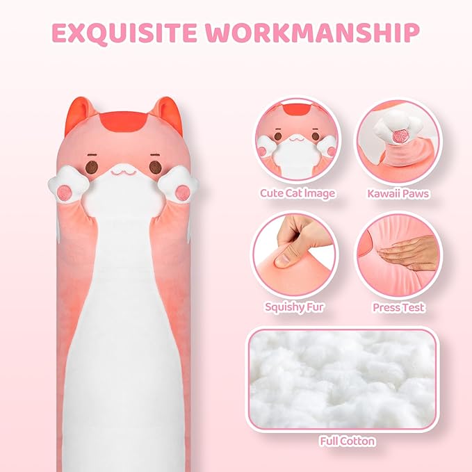 Artist-Designed Ultra Soft Long Cat Plush Body Pillow, Extra Stuffing for Comfort, Premium Quality Stuffed Animal Gift for Girlfriend or Cat Lovers (Pink Cat Body Pillow 20 Inch)