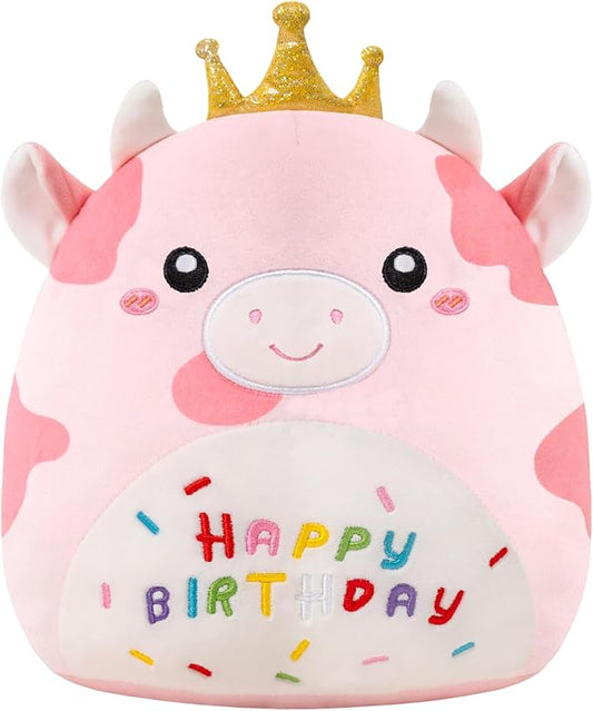 SQEQE Cow Stuffed Animal Soft Cow Stuffed Toy Birthday Party Decoration Gift Kawaii Pink Cow Plushie with Golden Crown for Kids Girls Boys(Pink Cow,10 Inch)