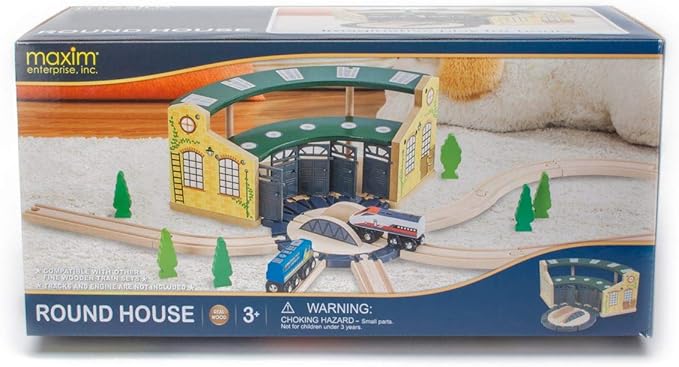 inc. Wooden Train Round House Combo with Rotating Turntable, Train Shed to House 5 Engines or Cars, Wooden Train Track Accessories Compatible with Major Brand Railway Sets