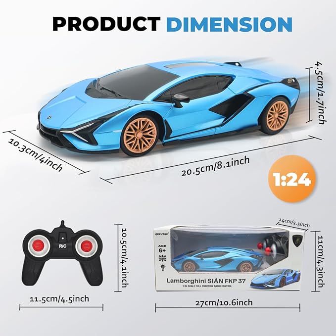 QUN XING Remote Control Car 1:24 Officially Licensed 2.4GHZ Rc Cars Lambo Sport Racing Toy Car for Kids Boys 4-7 Years Birthday Gift, Blue