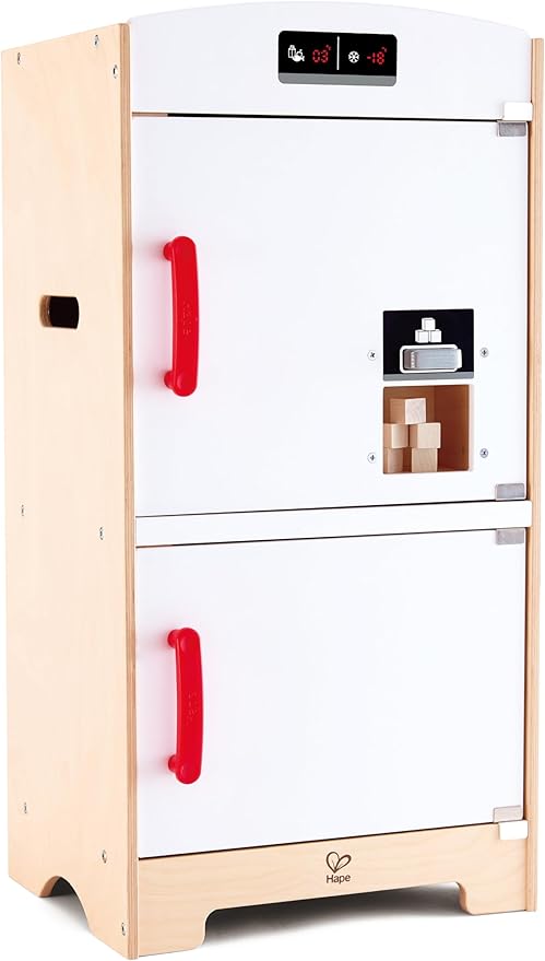 Hape Gourmet Kitchen Wooden Fridge | Cabinet Style Refrigerator Fridge Freezer with Ice Dispenser