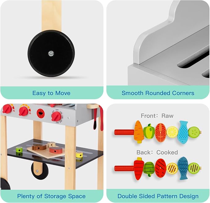 Kids Grill Playset Wooden Barbecue Toy Grill with Play Food Toy and Grilling Tools, Play Kitchen Accessories for Toddlers Age 3+