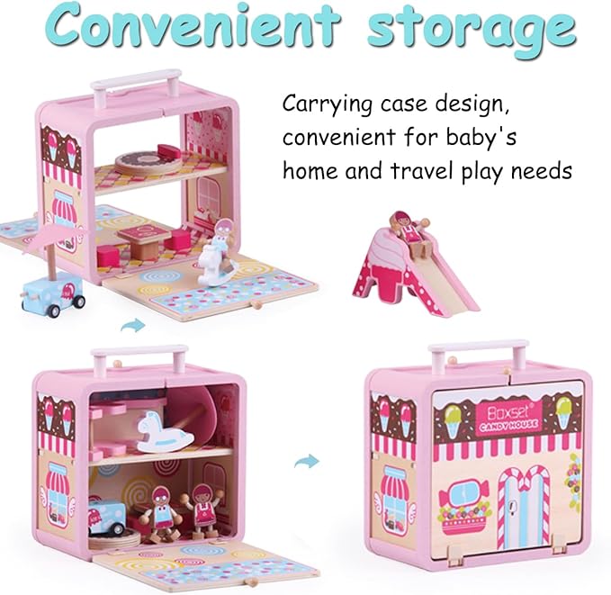 Wooden Building Set Toys Candy House Toys with Wooden Small Table and Chairs Blocks Storage Toys for Age 3+ Children