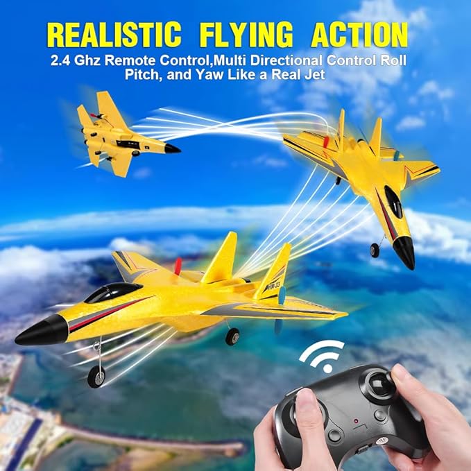 SU-27 RC Airplane,2.4GHz 2 Channel Remote Control Plane with Gyro Night Lights and 2 Batteries, Easy to Fly for Adults, Beginners and Kids Yellow Toy