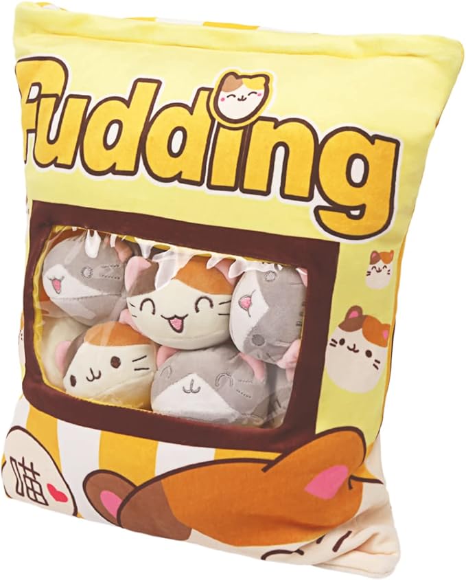 ARELUX Cute Cat Plush Pudding Pillow:Snack Pillow Toys Bag Removable Stuffed Animal 8Pcs Sets Creative Plush,Soft Yellow Cat Plushie Animal Throw Pillow,Dolls Friends Family Member
