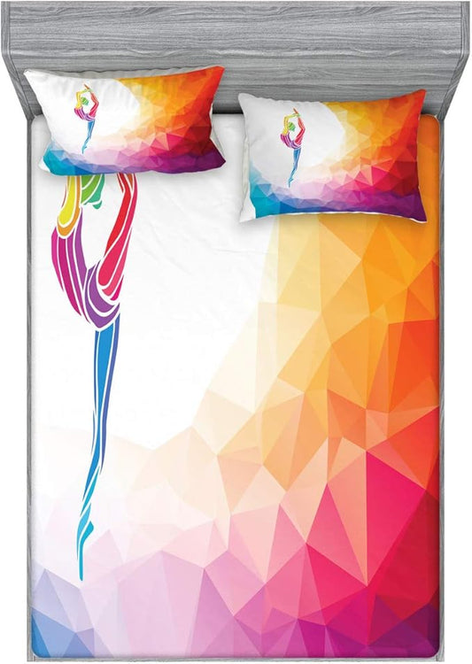 Ambesonne Gymnastics Fitted Sheet & Pillow Sham Set, Polygonal Pattern with Colorful Girl Design Acrobatic Composition Active Life, Decorative Printed 3 Piece Bedding Decor Set, Queen, Rainbow