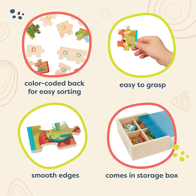 B. toys- Pack o' Puzzles - Dinosaurs- Wooden Puzzle Set – 4 Dinosaur Puzzles – Classic Prehistoric Puzzle – 12-Piece Jigsaw Puzzles for Kids – 3 Years +