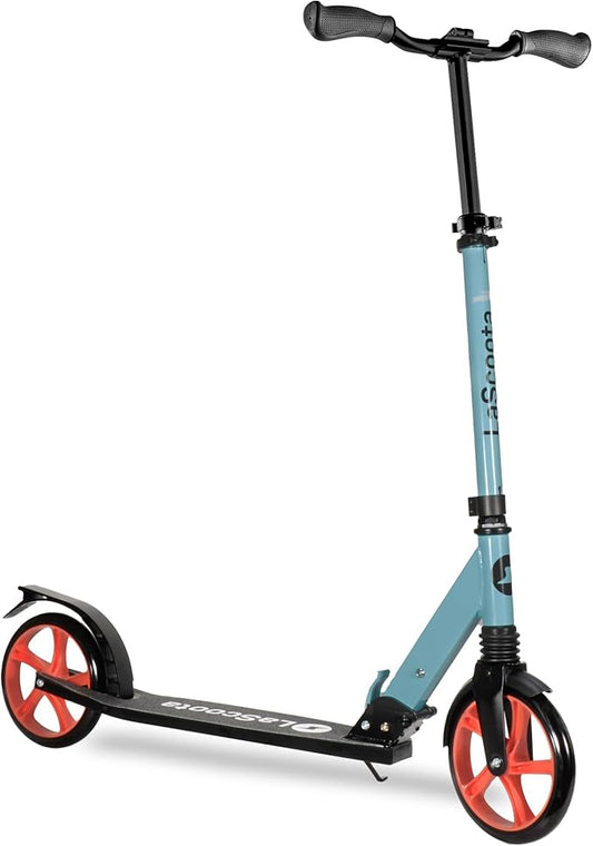 LaScoota Kick Scooter for Kids Ages 6+, Teens & Adults, Large 8" Sturdy Urethane Wheels. Adjustable Handlebar, Lightweight, Foldable, 220lbs Max Load