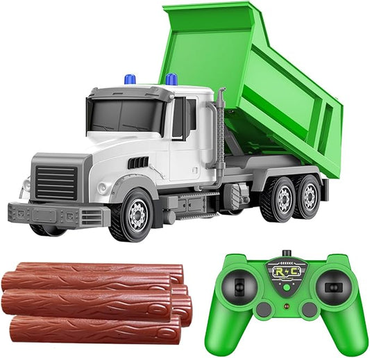 Remote Control Construction Dump Truck Toy RC Vehicle,6 Channel Truck Toys w/ 6 pcs Wood,2 Rechargeable Batteries,1/24 Scale Dump Truck，B'day Gifts Ideas Boys Age 3-8 Year Old，Green Dump Truck