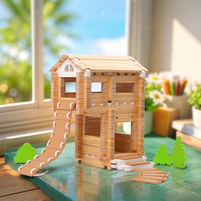 Jovi-mindly＆Notchies 96 PCS Wooden Blocks Wooden Toys with Storage Bag, Preschool Learning Toys Wood Blocks Building for Kids Ages 4-8 Creative Construction Game,FSC Certified,Graduate Gifts