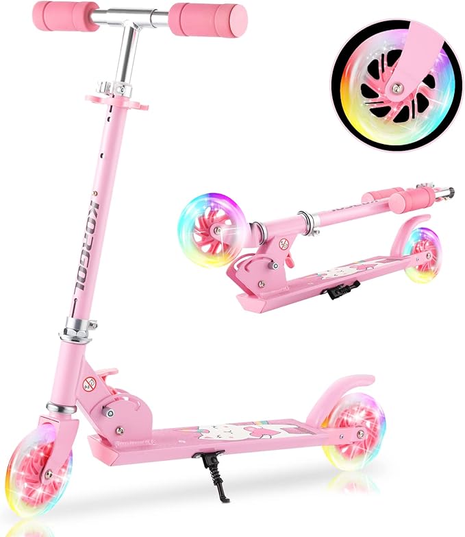 Scooter for Kids Ages 3-12 - Kids Kick Scooters with Led Light Up Wheels & 3 Levels Adjustable Handlebar, Lightweight Foldable 2 Wheel Girly Pink Scooter Christmas Birthday for Girls Boys.