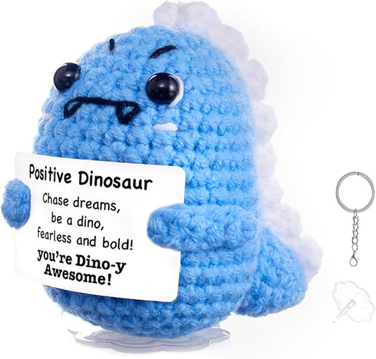 Funny Easter Basket Stuffers Positive Crochet Animals Dinosaur, Stress Relief Gifts for College Student Graduation Boyfriend Husband Women Birthday Desk Decor (Light Blue Dinosaur)