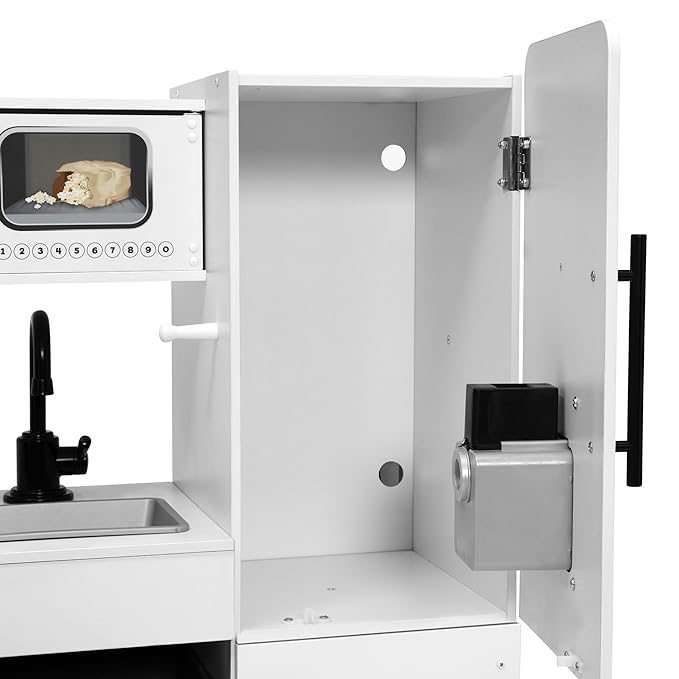 Delta Children Deluxe Modern Kitchen - Toy Kitchen Playset with Realistic Knobs That Turn/Click, Oven, Sink and Fridge/Freezer with Ice Maker, White