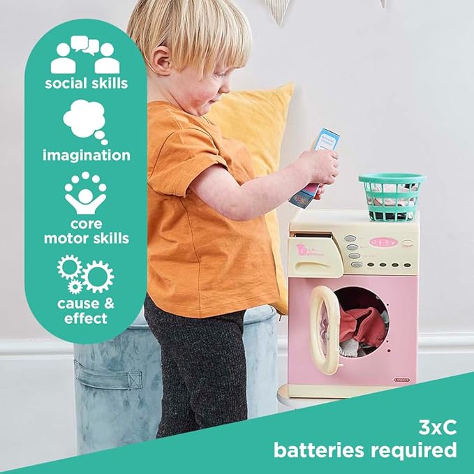 Casdon Pink Washer | Pink Toy Washing Machine for Children Aged 3+ | Features Spinning Drum & Sound Effects for Realistic Play!
