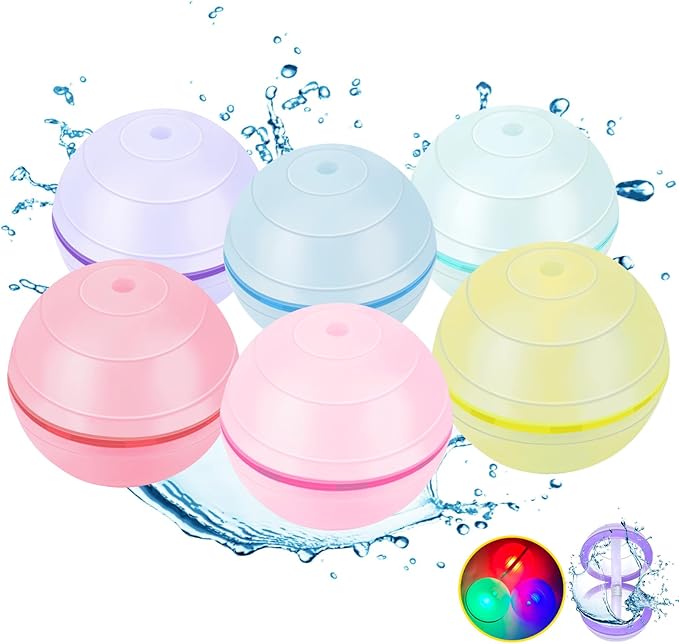 6 Pcs Light Up Led Quick Fill Water Balloons Reusable for Toddler Boys and Girls Ages 3+, Summer Beach Pool Refillable Water Ball Toys Outside Activities, Sealing Magnetic Water Balls