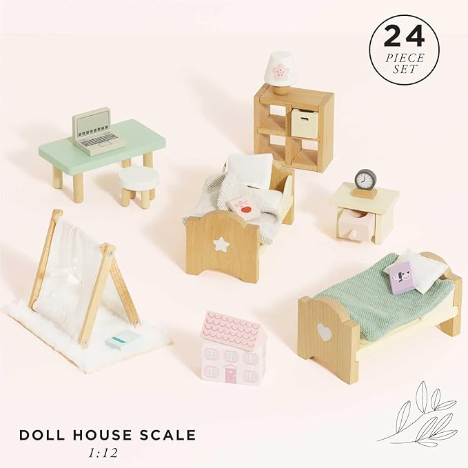 Le Toy Van - SugarPlum Wooden Bedroom Set | Dolls House Accessories Play Set For Dolls Houses | Girls and Boys Doll House Furniture Sets - Suitable For Ages 3+, Daisylane Child Bedroom (ME061)