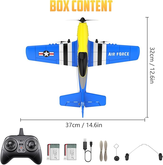 HAWK'S WORK 3 Channel RC Plane P-51D Mustang, Remote Control Airplane Ready to Fly, 2.4GHz 6-axis Gyro Stabilizer, Easy to Fly for Kids & Beginners