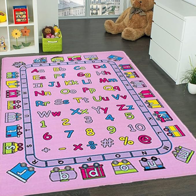 Kids Rug ABC Fun in Pink Area Rug 5x7 (Approx : 4'11" X 6' 10") Non Slip Gel Backing