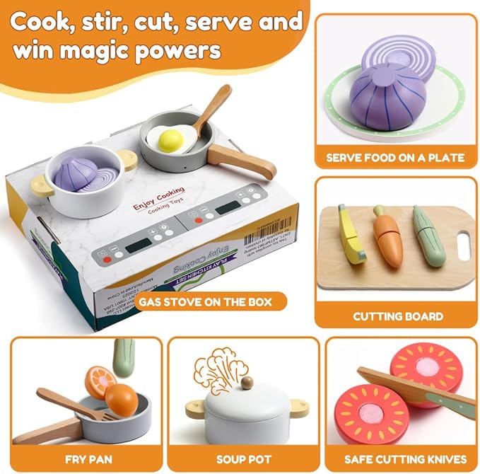 Wooden Food Set for Kids with Cookbook Magical Recipes, Wood Velcro Cutting Fruit and Vegetables Toy for Toddlers, Cooking Pretend Play, Kitchen Accessories, Early Education Toys