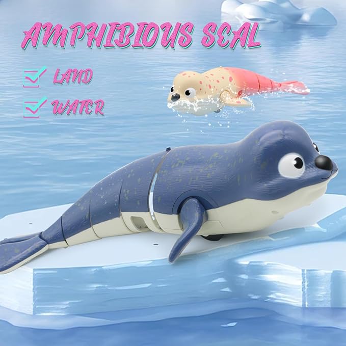 Pool Toys Amphibious Remote Control Seal on Land Water 2.4Ghz Rechargeable Battery Remote Control Shark for Robot Toys Pool for Kids 8-12 Years Old Boys Girls 8,9,10,Upgrade Version Blue