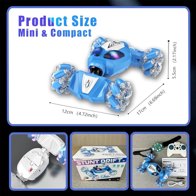 FOTN Remote Control/Gesture Sensing Stunt Car,4WD All-Terrain 2.4Ghz RC Blue Dual Control Off-Road Vehicle ，Lights Music，Modular Lithium Battery, 360° Flips，Snake-Move, Boy/Girl Birthday Gift