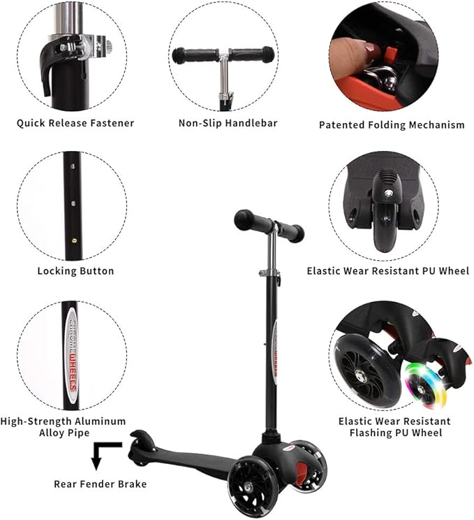 ChromeWheels Scooter for Kids, Deluxe 3 Wheel Scooter for Toddlers 4 Adjustable Height Glider with Kick Scooters, Lean to Steer with LED Flashing Light for Ages 3-6 Girls Boys