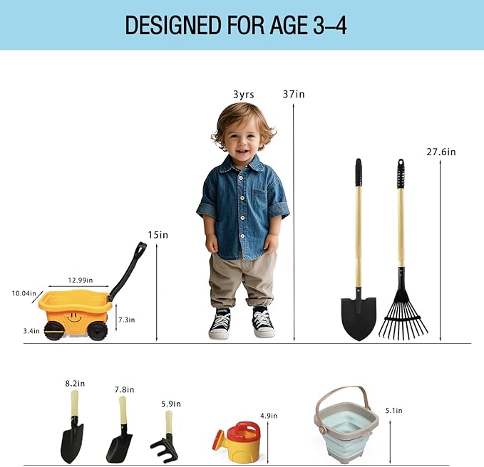 Kids Wagon with Beach and Garden Tools Set, Kids Shovel for Digging, Rake, 8PCS Gardening Outdoor Toys for Ages 3-4