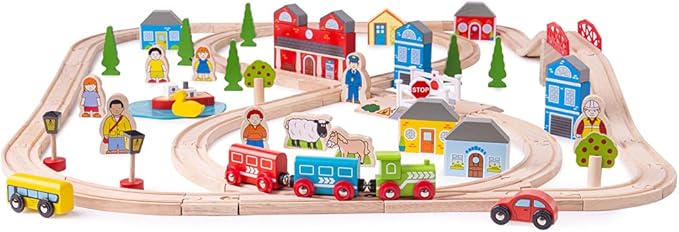 Bigjigs Rail Wooden Town and Country Train Play Set with Accessories