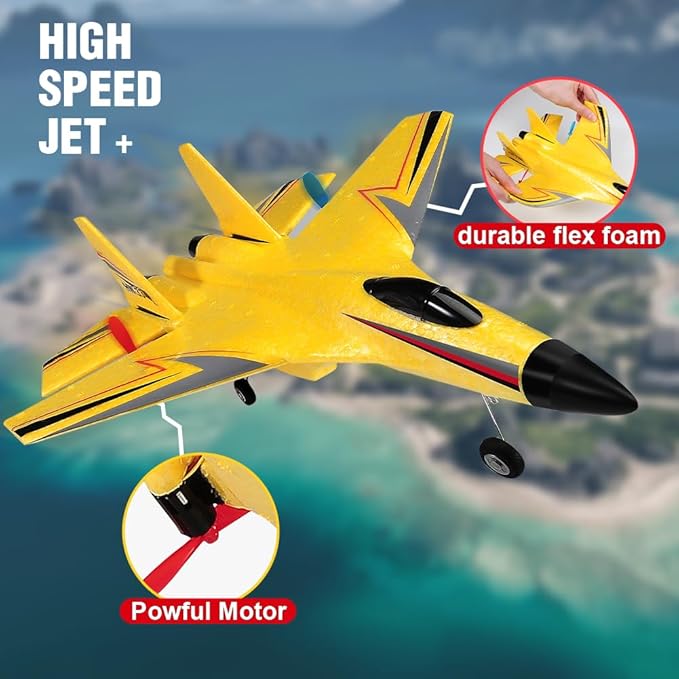 SU-27 RC Airplane,2.4GHz 2 Channel Remote Control Plane with Gyro Night Lights and 2 Batteries, Easy to Fly for Adults, Beginners and Kids Yellow Toy