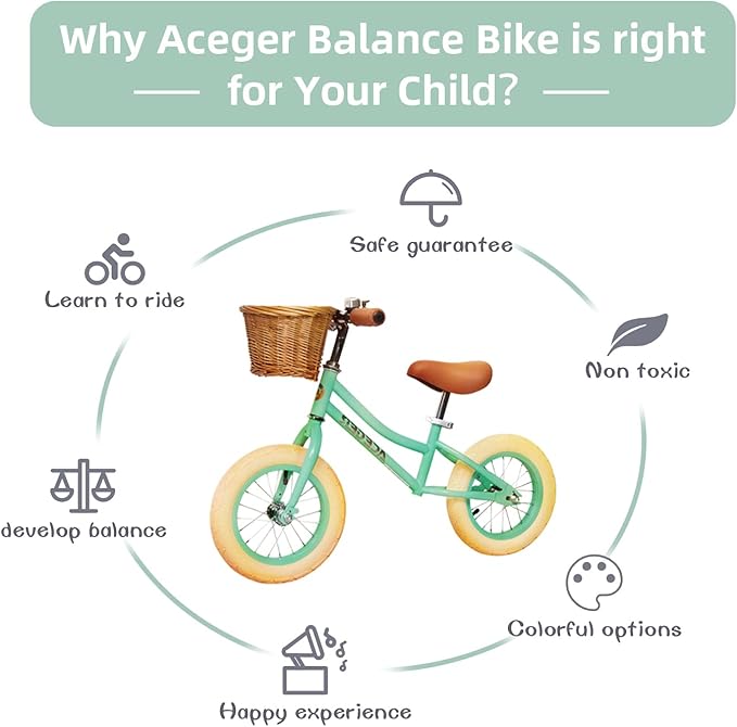 ACEGER 12" Kids Balance Bike with Basket, No Pedal Toddler Bicycle for Early Learning Leg Strength and Steady Balancing, Durable Frame&Tool-Free Adjustable Seat, Gift Bike for 2-5 Kids