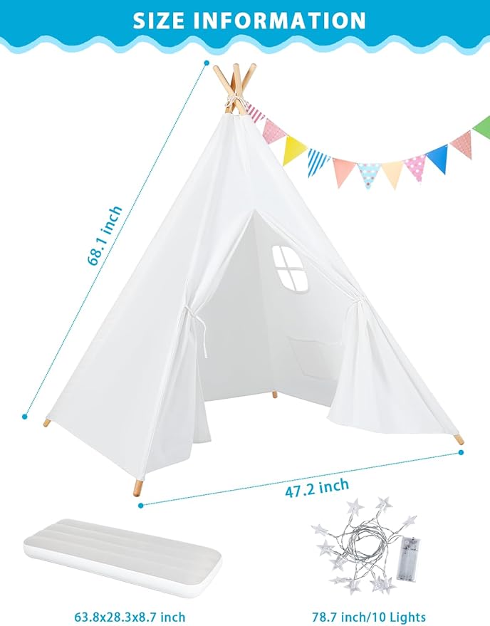 wilwolfer 6 Pack Kids Teepee Tent Bulk with Light and Inflatable Airbed, Natural Cotton Toddler Play Tent for Girls Boys Indoor Outdoor Sleepover Slumber Party Birthday Gifts