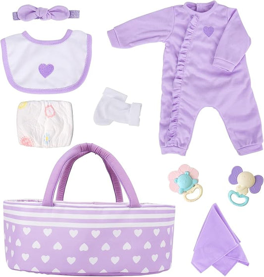 Aori 9 Pcs Reborn Baby Dolls Clothes with Bassinet for 17-22 Inch Baby Doll, Purple Carrier Bed and Baby Doll Clothes Accessories fit Newborn Girl Doll