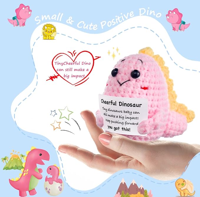 Funny Easter Basket Stuffers Positive Crochet Stuffed Animals Dinosaur, Stress Relief Gifts for College Student Graduation Boyfriend Husband Women Birthday Desk Decor (Dinosaur Set)