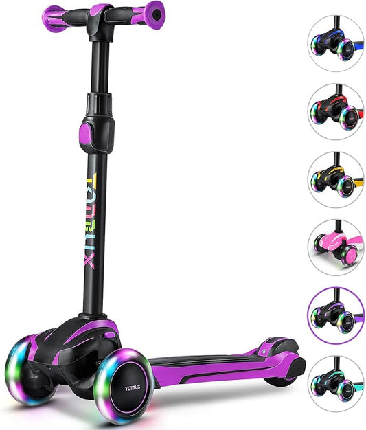 TONBUX Kids Scooter for Age 3-12, Toddler Scooter with 4 Adjustable Heights, Light Up 3-Wheels Scooter, Shock Absorption Design, Lean to Steer, Balance Training Scooter for Kids