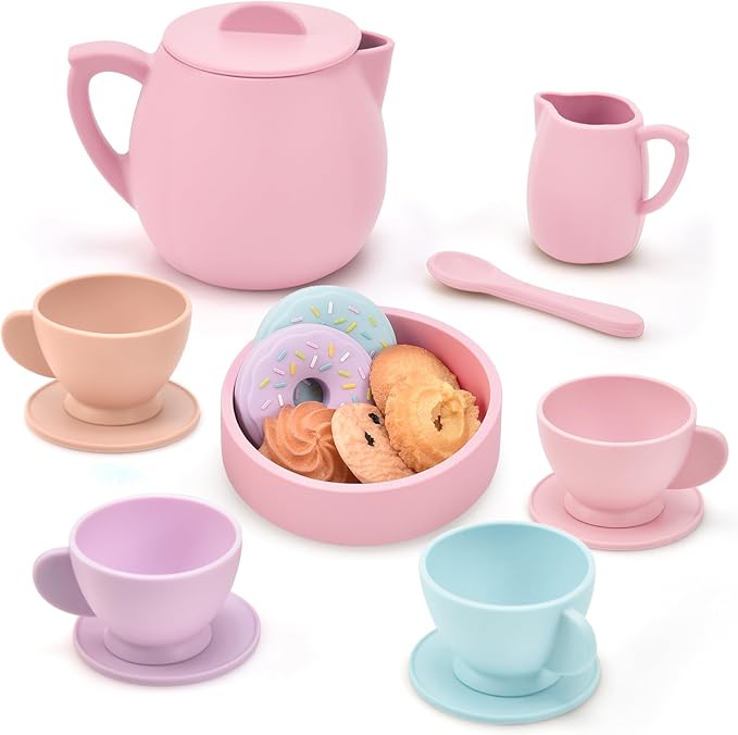 Lorfancy 20 Pcs Silicone Tea Party Set for Little Girls Kids Toddlers Tea Set with Tea Pot Cups Food Pretend Play Kitchen Accessories Christmas Birthday Gift for Girls Age 2 3 4 5 6 Year Old Toys
