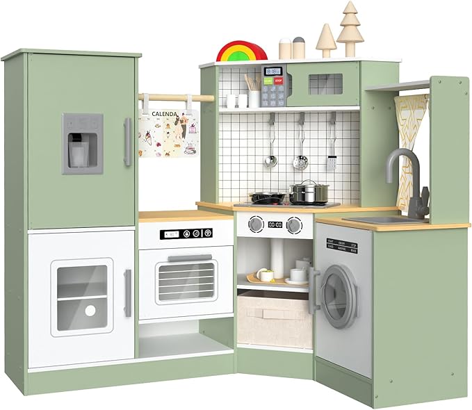 Babytronic Corner Wooden Play Kitchen Set for Kids w/Lights & Sounds, Pretend Play Kitchen Playset with Stove, Microwave, Ice Maker & Accessories, Perfect for Toddlers & Multiple Children (Green)