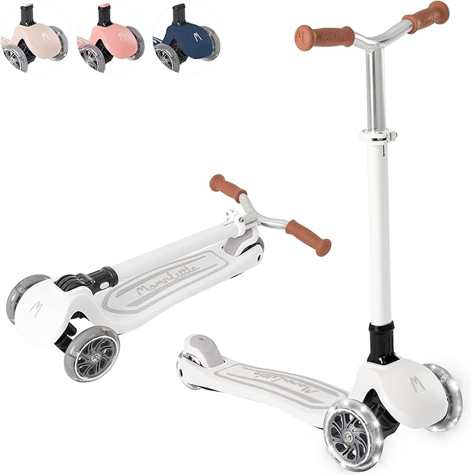 MomnLittle Kick Scooter for Kids Ages 3-10 (Beige/Pink/Navy/White) 3 Wheeled with LED Light-Up Wheels CPSC Certified Foldable and 4 Height Adjustable Toddler Scooters for Boys Girls