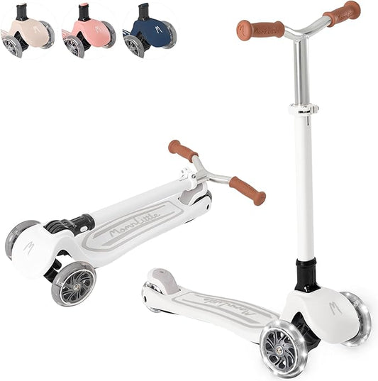MomnLittle Kick Scooter for Kids Ages 3-10 (Beige/Pink/Navy/White) 3 Wheeled with LED Light-Up Wheels CPSC Certified Foldable and 4 Height Adjustable Toddler Scooters for Boys Girls