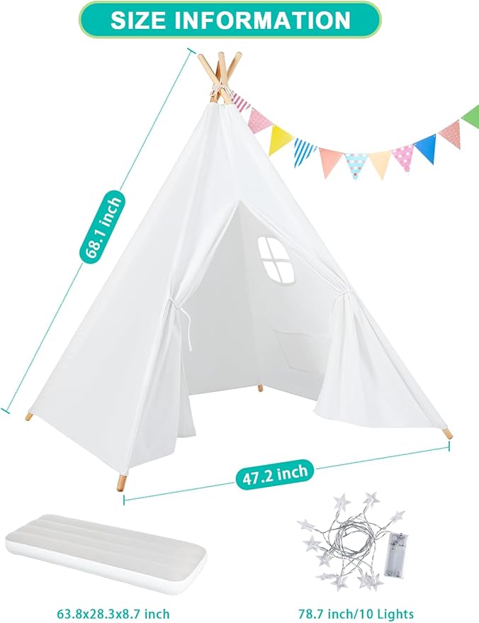 Teepee Tent for Kids Slumber Party 6 Pack - Inflatable Airbed & Star Lights & Colored Flag - Indoor Outdoor Toddler Play Tent for Girls Boys Birthday Gifts Sleepover Party (White)