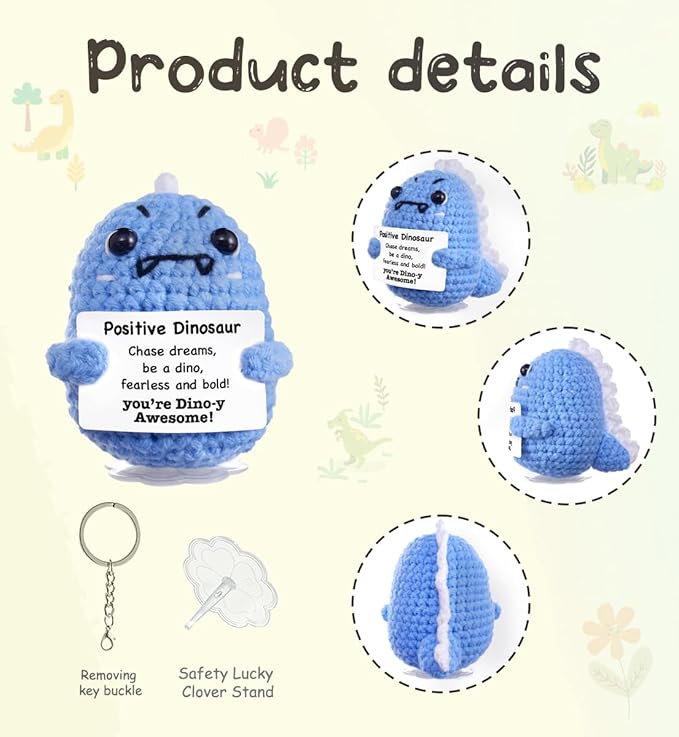 Funny Easter Basket Stuffers Positive Crochet Animals Dinosaur, Stress Relief Gifts for College Student Graduation Boyfriend Husband Women Birthday Desk Decor (Light Blue Dinosaur)