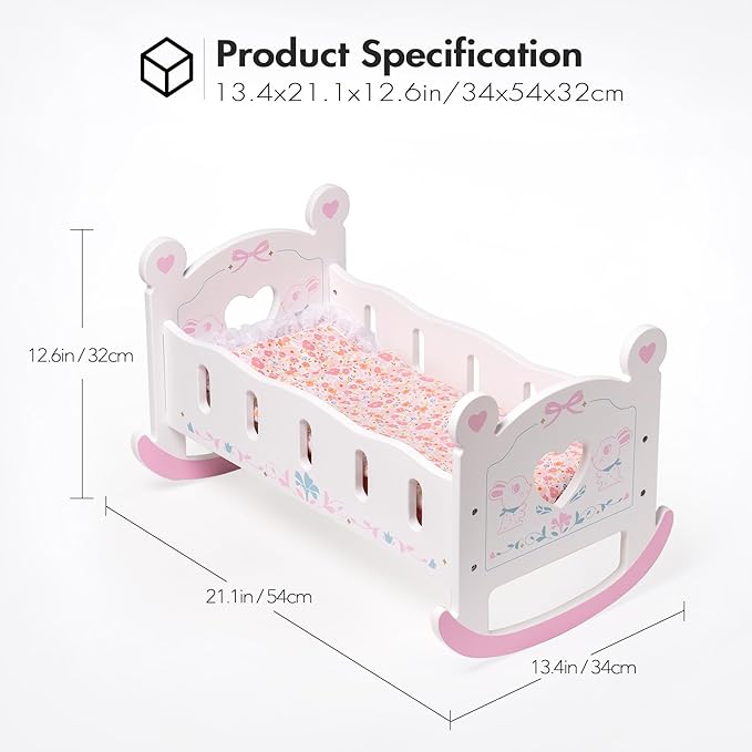 ROBOTIME Wooden Baby Doll Crib, Doll Cradle Bed for 18-24 Inch Dolls, Baby Doll Crib Set with Blanket and Pillow, Toy Doll Bed for Girls Ages 3+