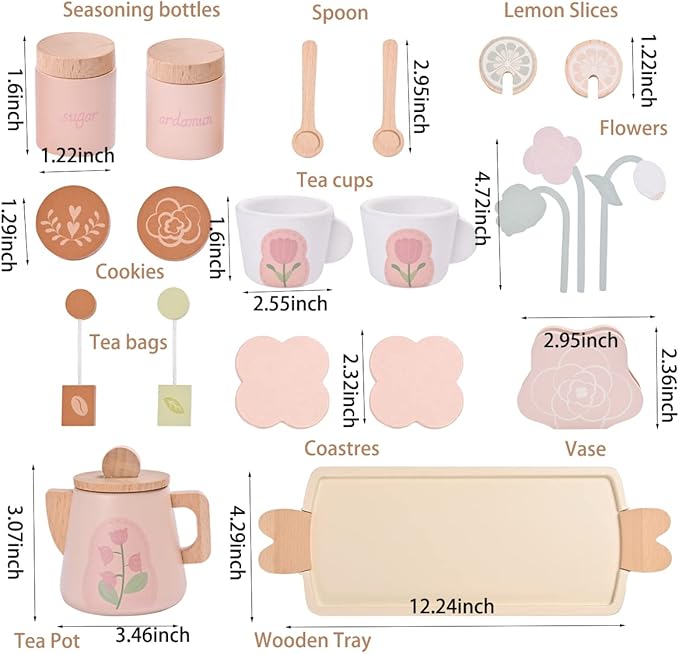 Wooden Tea Set for Little Girls, Wooden Toys, Toddler Tea Set Toy, Play Kitchen Accessories Set, Montessori Toys, Kids Play Kitchen Pretend Playset Toys for Baby Tea Party with Play Food