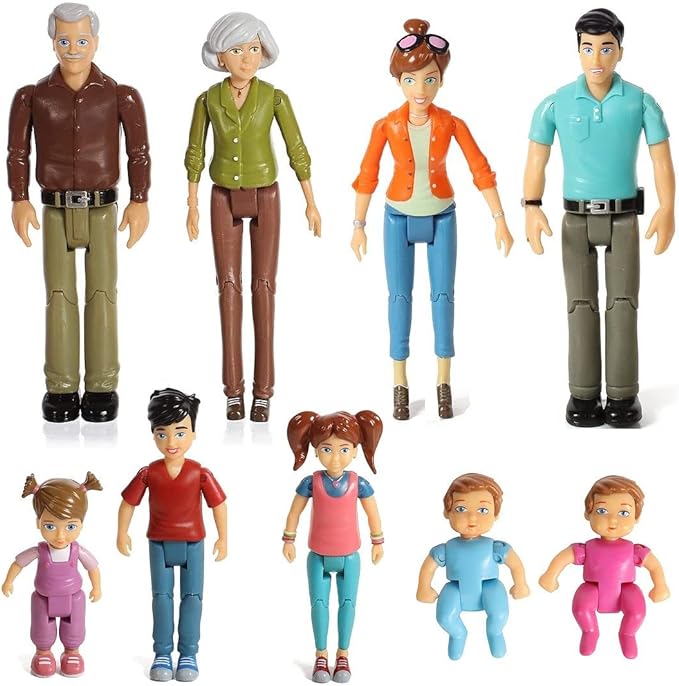 Sweet Li'l Family Dollhouse People Set of 9 Action Figure Set - Grandpa, Grandma, Mom, Dad, Sister, Brother, Toddler, Twin Boy & Girl